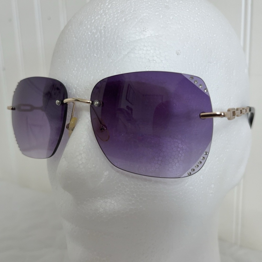 Y2K Purple Rimless Sunglasses Rhinestone Gold Tone Bling Glam Oversized